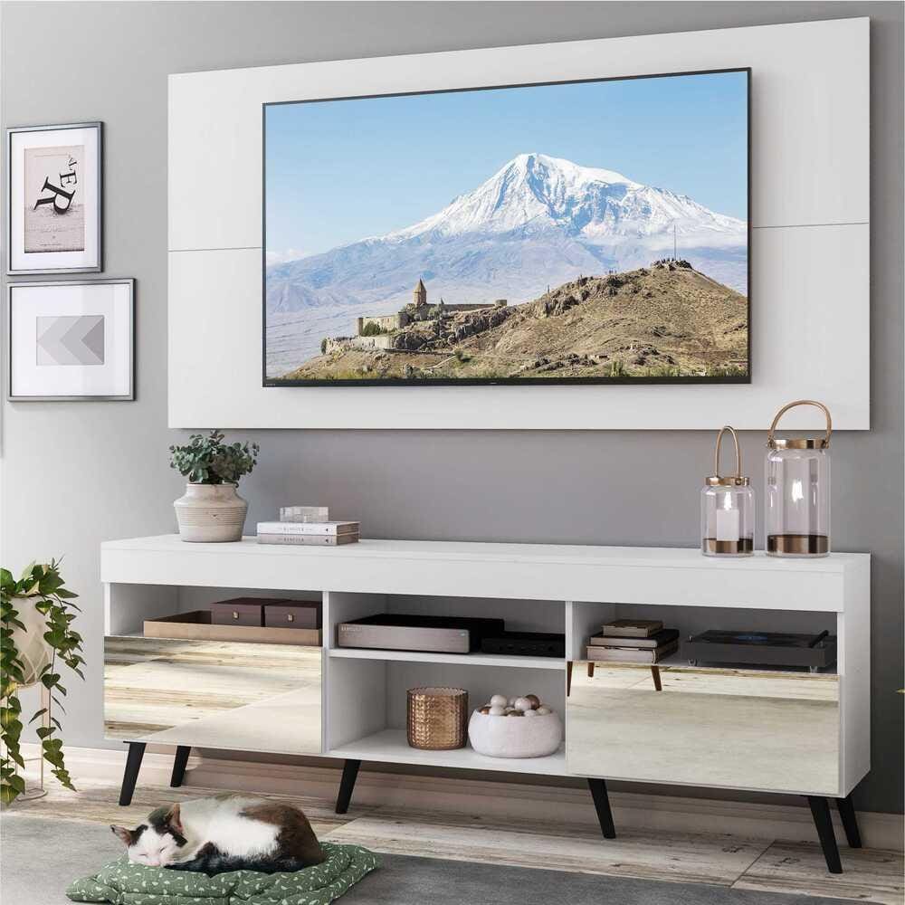 Rack com Espelho, Pés Retrô e Painel TV 65” com 2 Portas Londres Multimóveis Branco/Preto