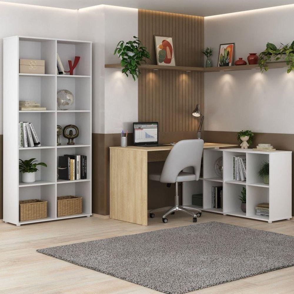 Conjunto para Escritório e Home Office com Mesa em L com Nichos e Estante com Nichos Branco/Carvalho