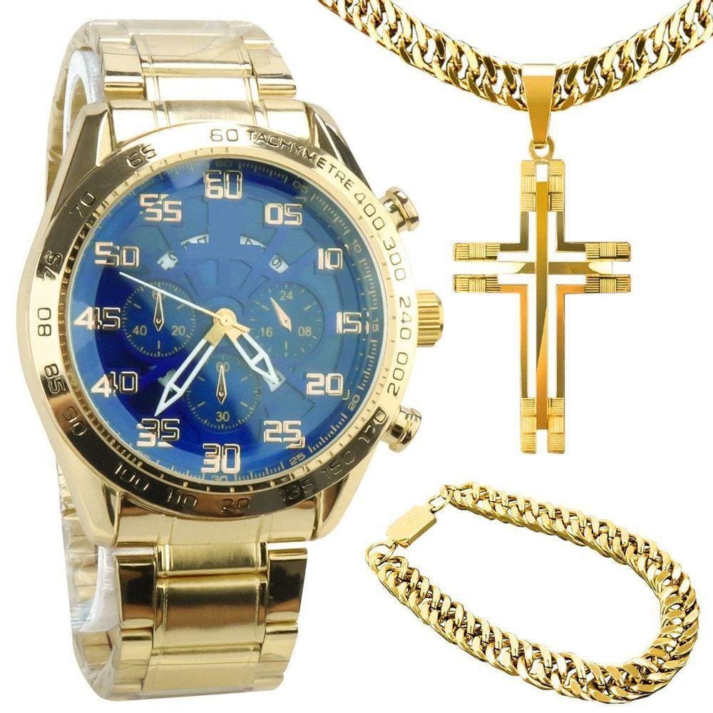Relogio Masculino Aço Banhado + Pulseira + Cordão Grosso Social Casual Qualidade Premium Fundo Azul