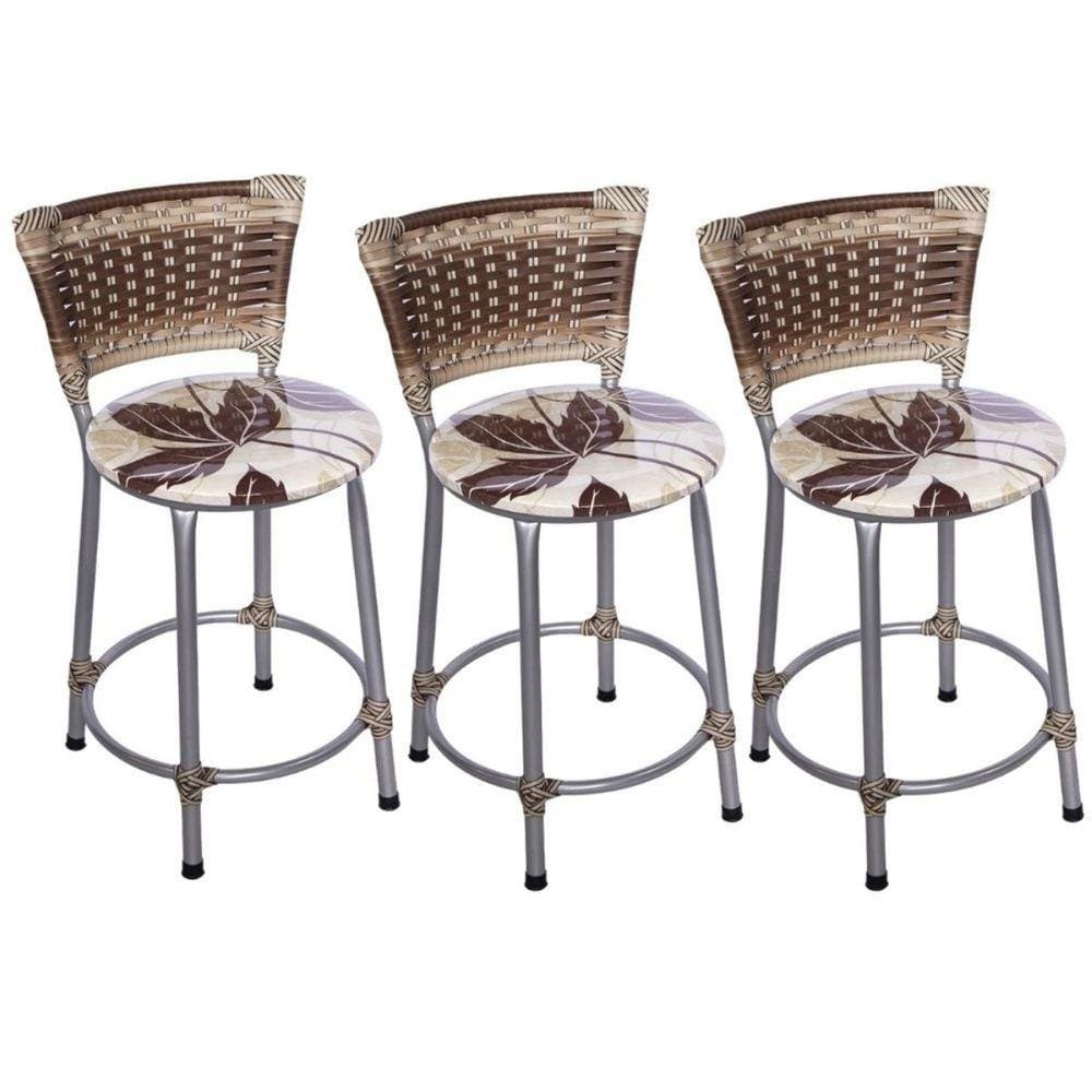 Kit 3 Banquetas Baixas Prata com Encosto Junco Capuccino Assento Floral Marrom