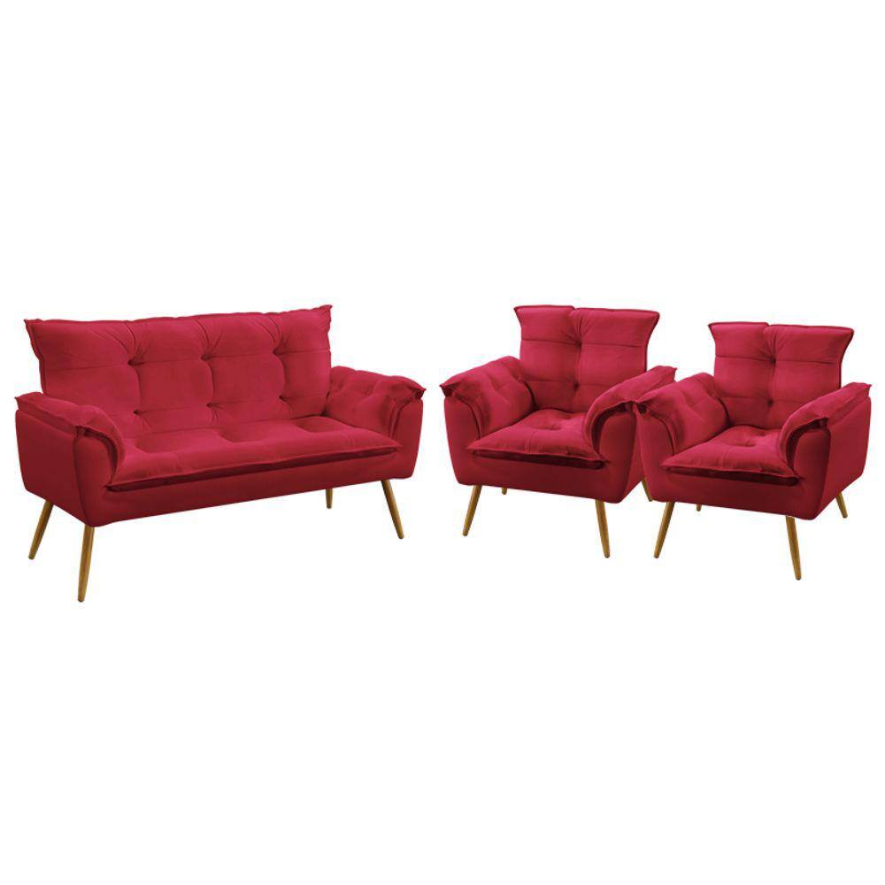 Kit Poltrona Namoradeira e 2 Poltronas Decorativas Beta Sued Vermelho Aradecor