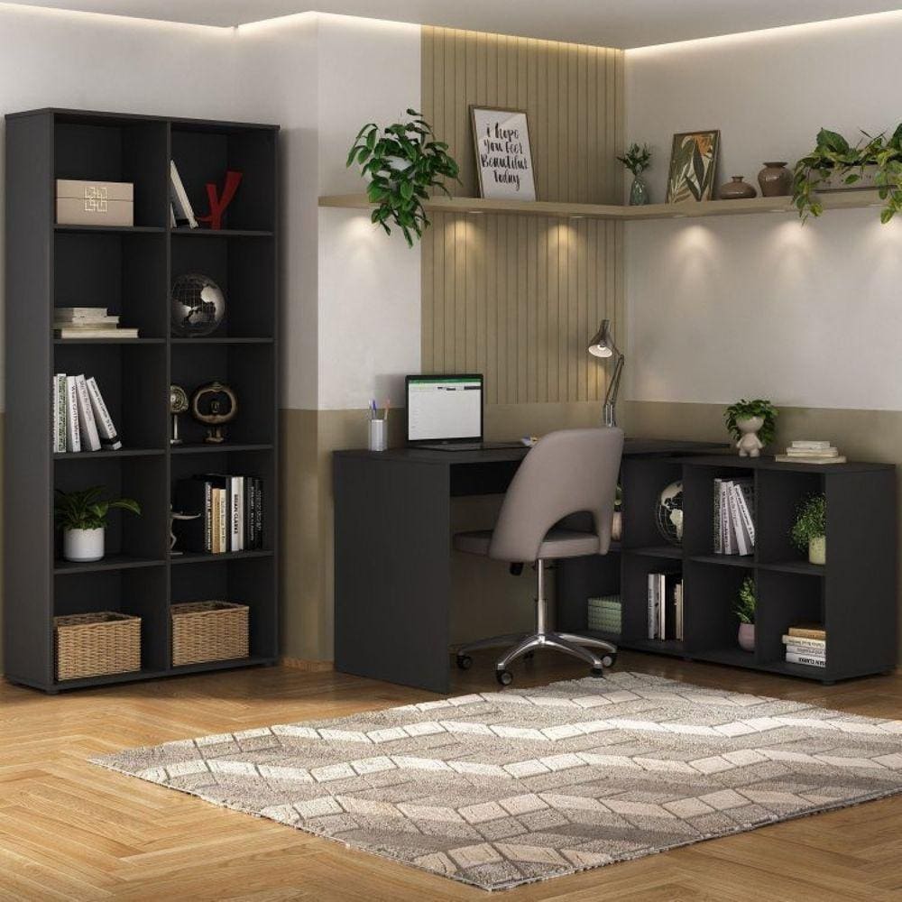 Conjunto para Escritório e Home Office com Mesa em L com Nichos e Estante com Nichos Preto