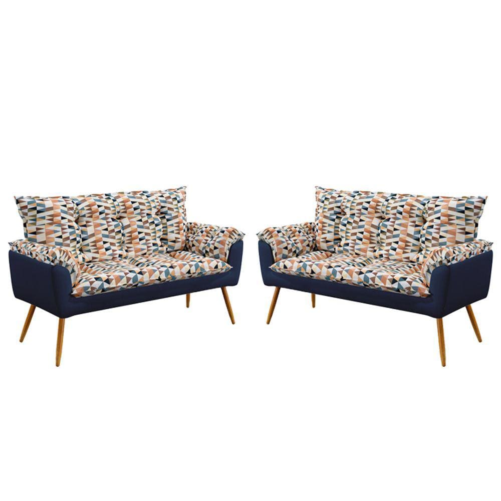 Kit 2 Poltronas Namoradeira Beta Sued Estampado Laranja com Azul Marinho Aradecor