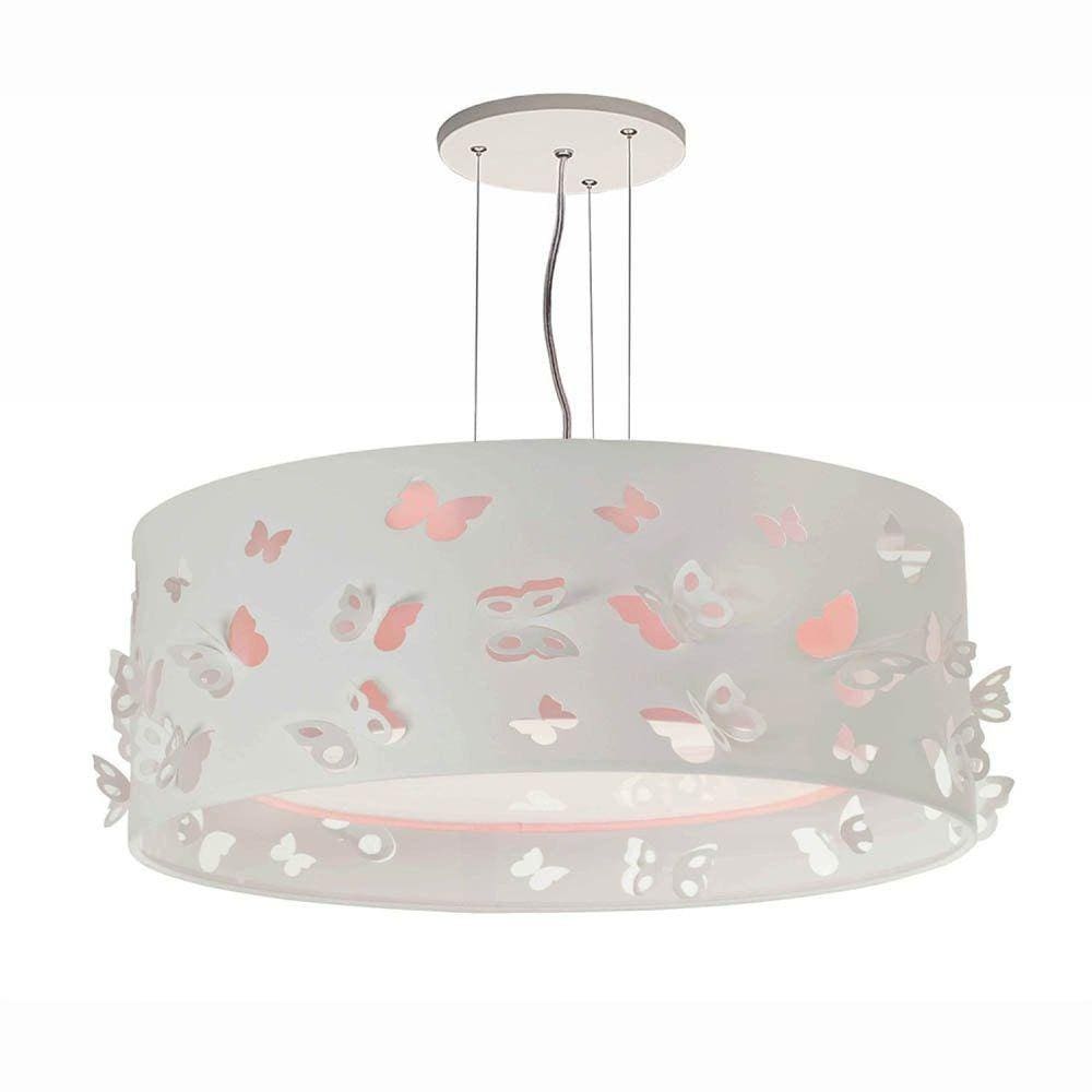 Lustre Infantil Pendente Borboletas Duplo 40x16 Cm Rosa/Branco