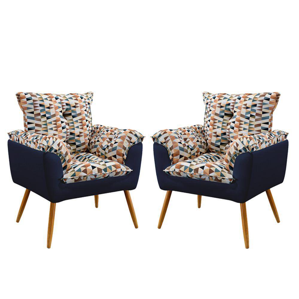 Kit 2 Poltronas Decorativas Beta Sued Estampado Laranja com Azul Marinho Aradecor