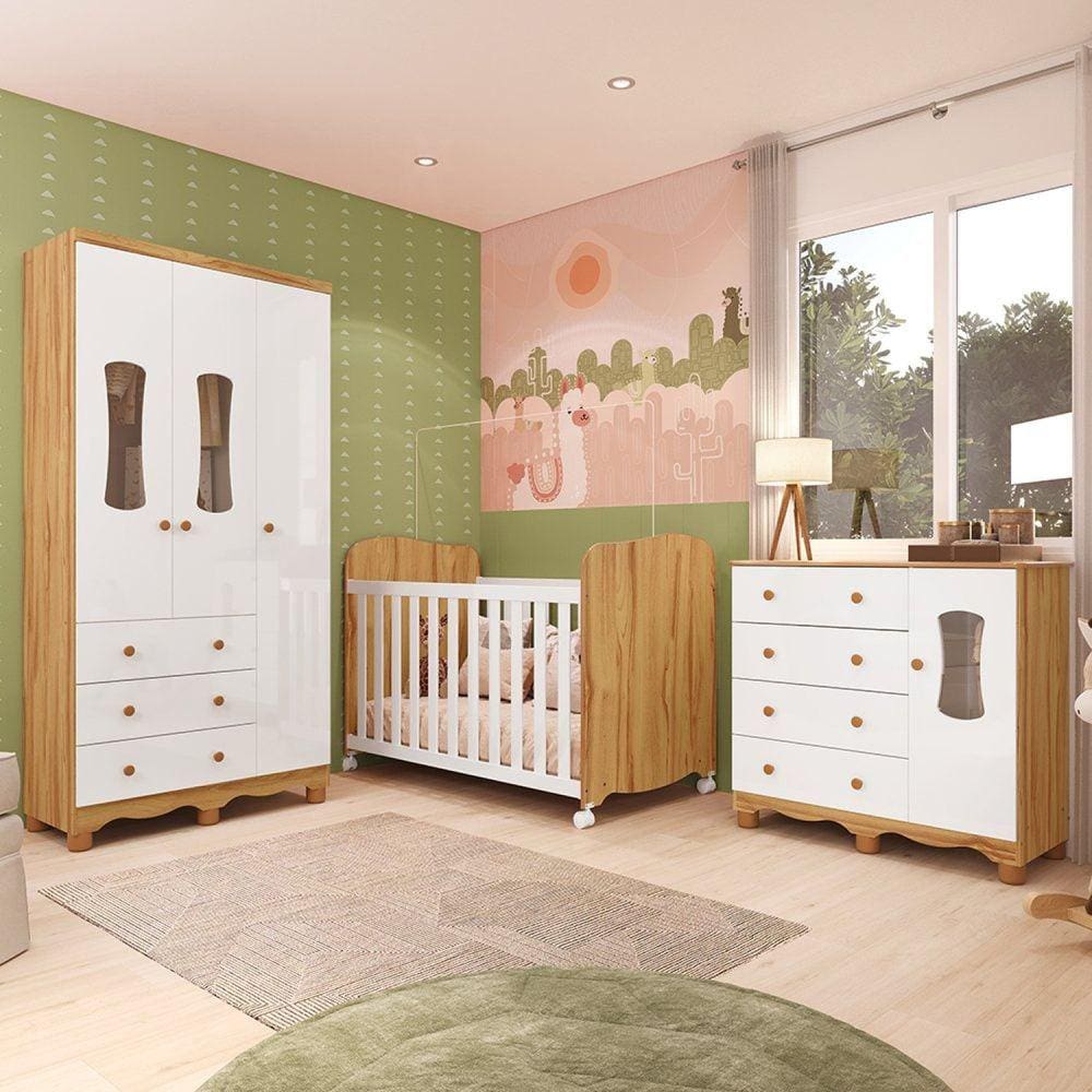 Quarto de Bebê Completo com Guarda Roupas 3 Portas Cômoda e Berço com Rodizio 100% Mdf Lana Espresso Branco Brilho/Amêndoa