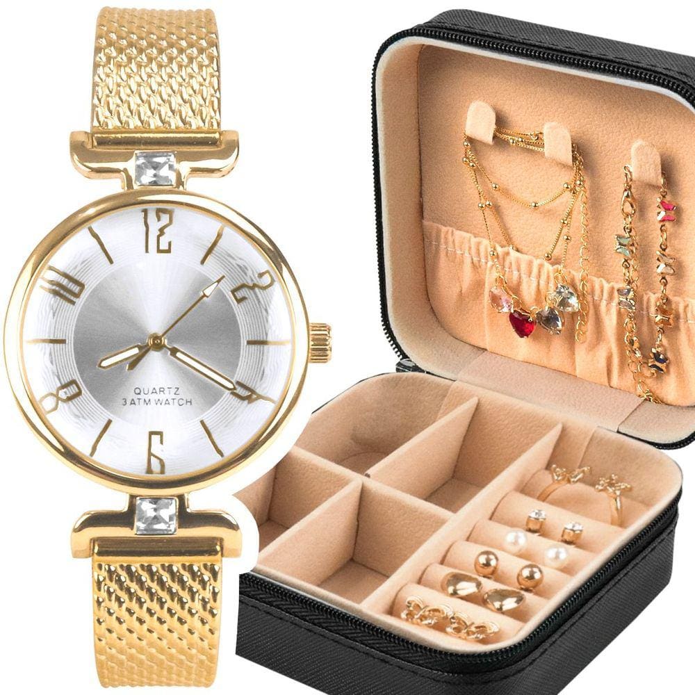 Relogio dourado banhado + pulseira + colar + porta joia social prova dagua qualidade premium casual