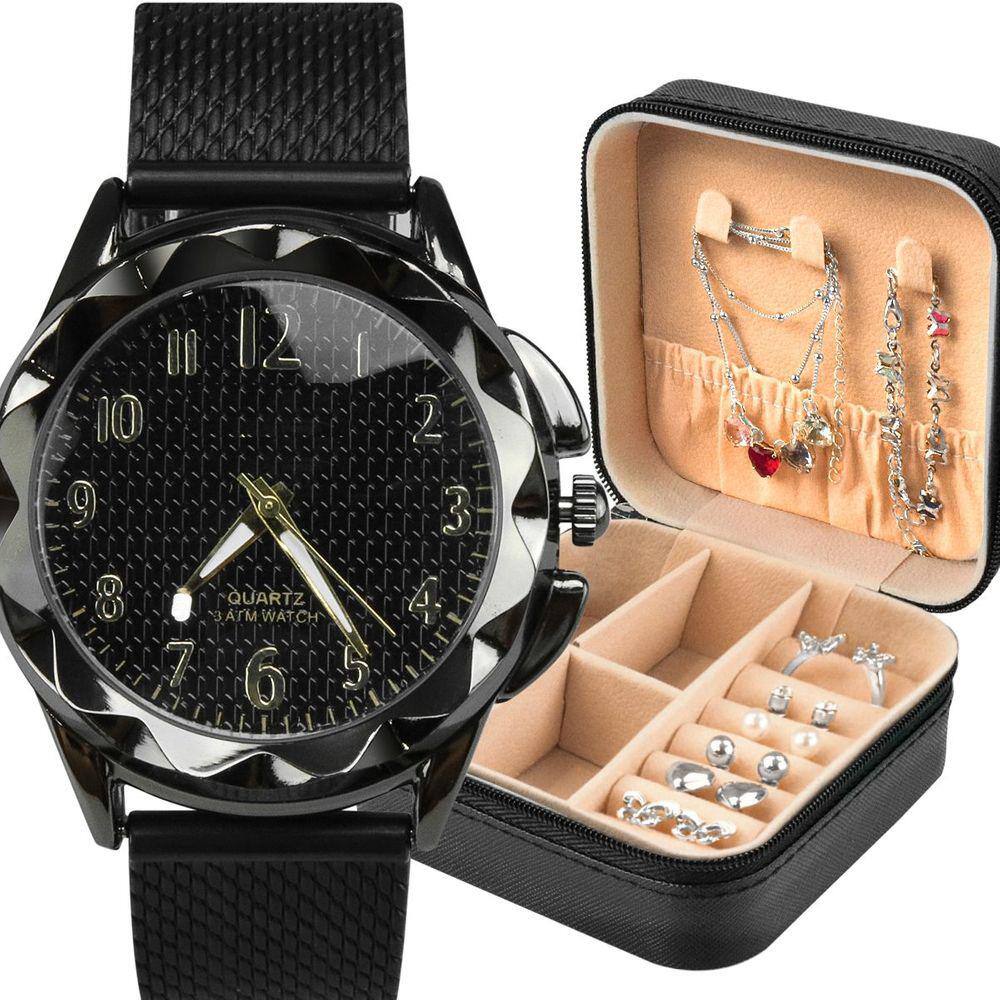 Relogio feminino prova dagua + porta joia + brincos silicone pulseira ajustavel social maria