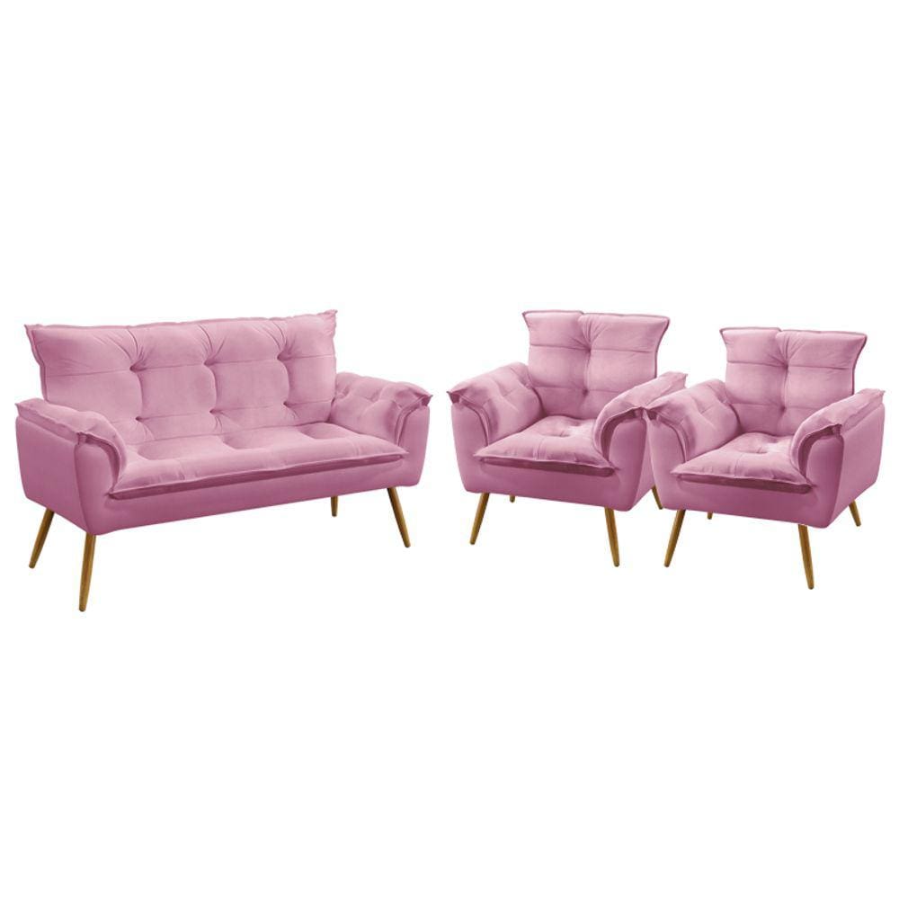 Kit Poltrona Namoradeira e 2 Poltronas Decorativas Beta Sued Rosê Aradecor