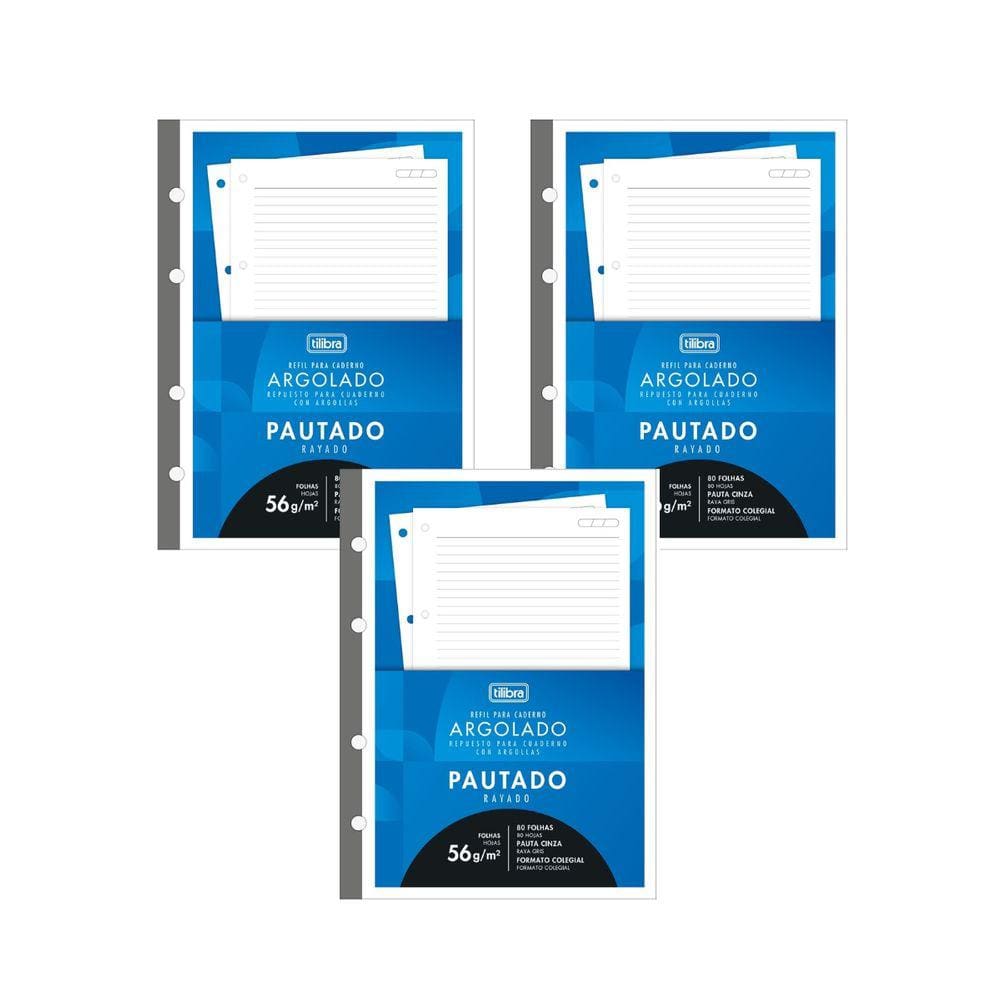 Kit 03 Refil Caderno Argolado Fichário Tiliflex Tarjado Lumi Universitário Académie 96 Folhas Tilibra