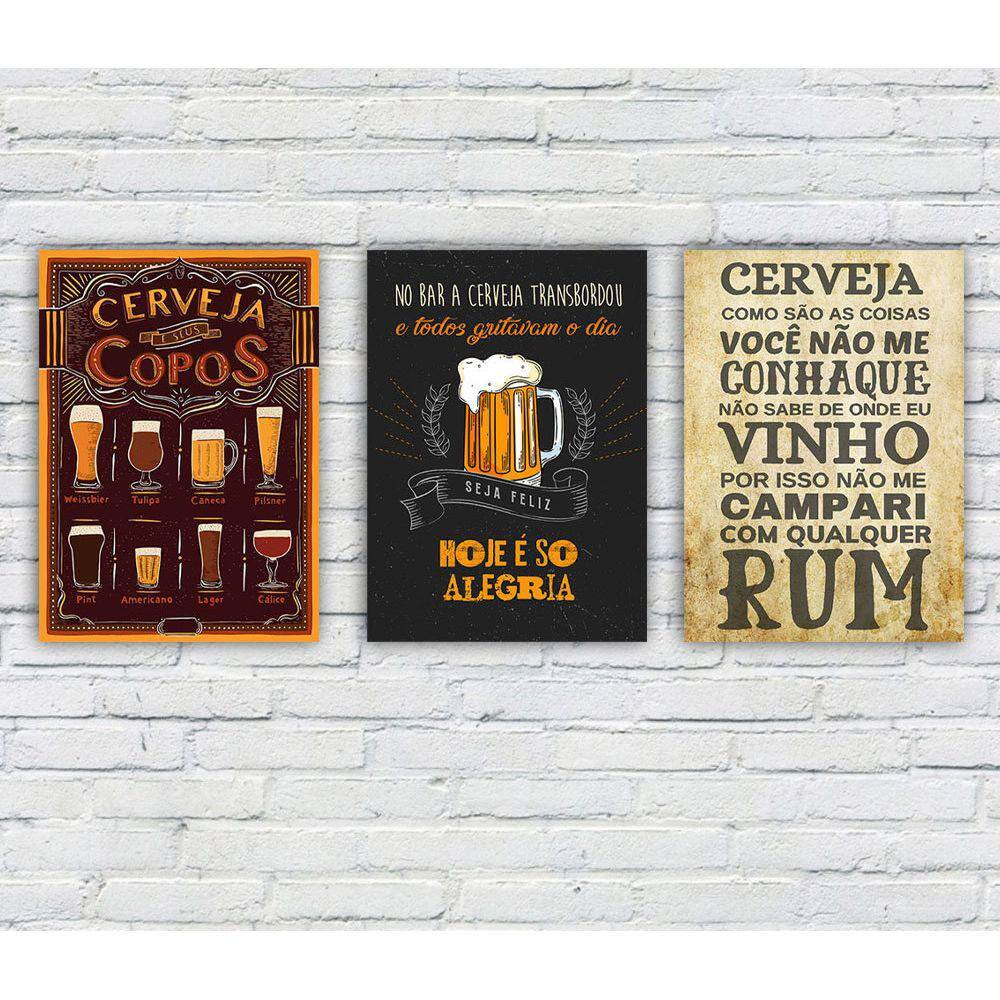 Kit 3 Quadros/Placas Decorativas MDF Cerveja 01