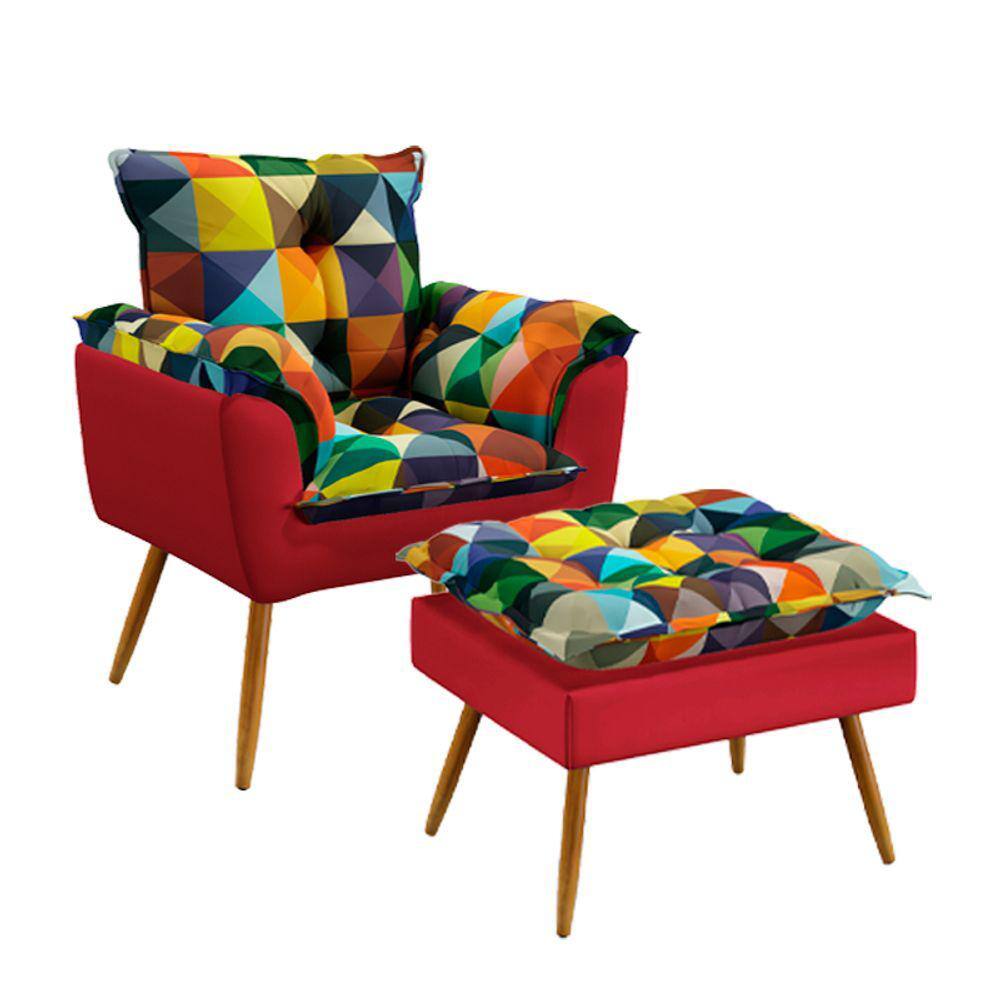 Poltrona Beta com Puff Lunar Sued Estampado Colorido com Vermelho Aradecor