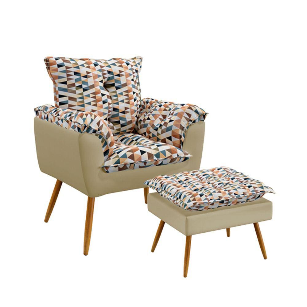 Poltrona Beta com Puff Lunar Sued Estampado Laranja com Bege Aradecor