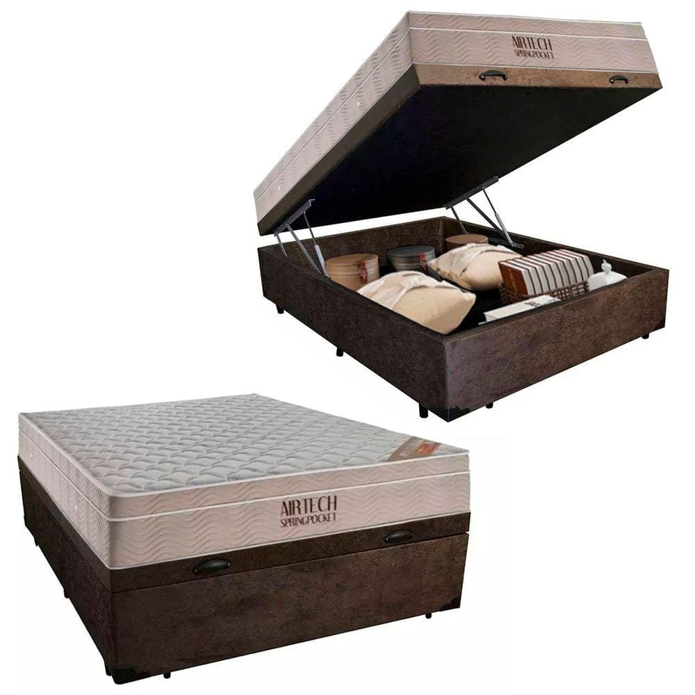 Cama Box Baú Casal Suede + Colchão Ortobom Airtech Molas Ensacadas 138x188x65