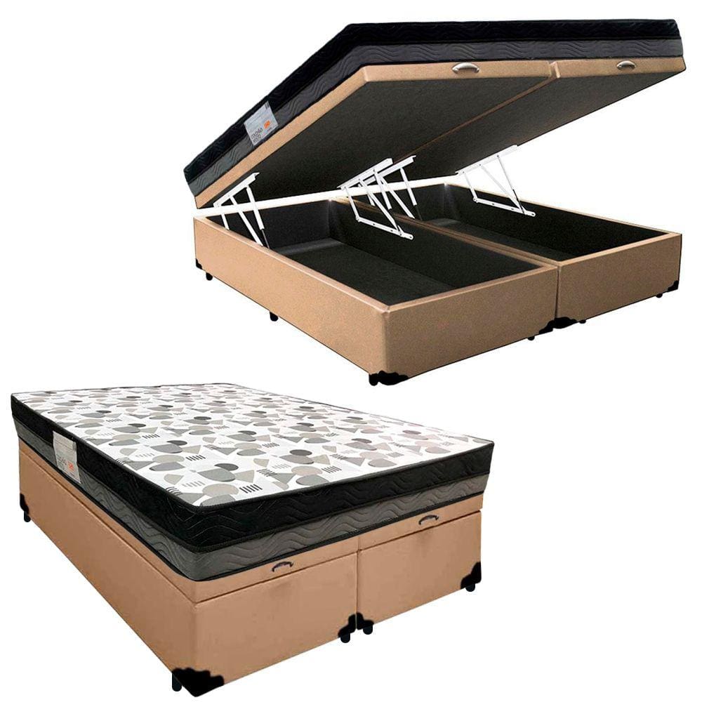 Cama Box Baú Casal Sintético Bipartido + Colchão Ortobom ISO Dupla Face 138x188x60