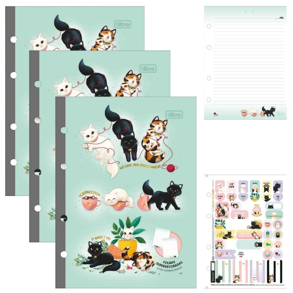 Kit 03 Refil Caderno Argolado Fichário (COLEGIAL) 17,7 x 24cm Purrfect Cats Tiliflex 80 Folhas Tilibra