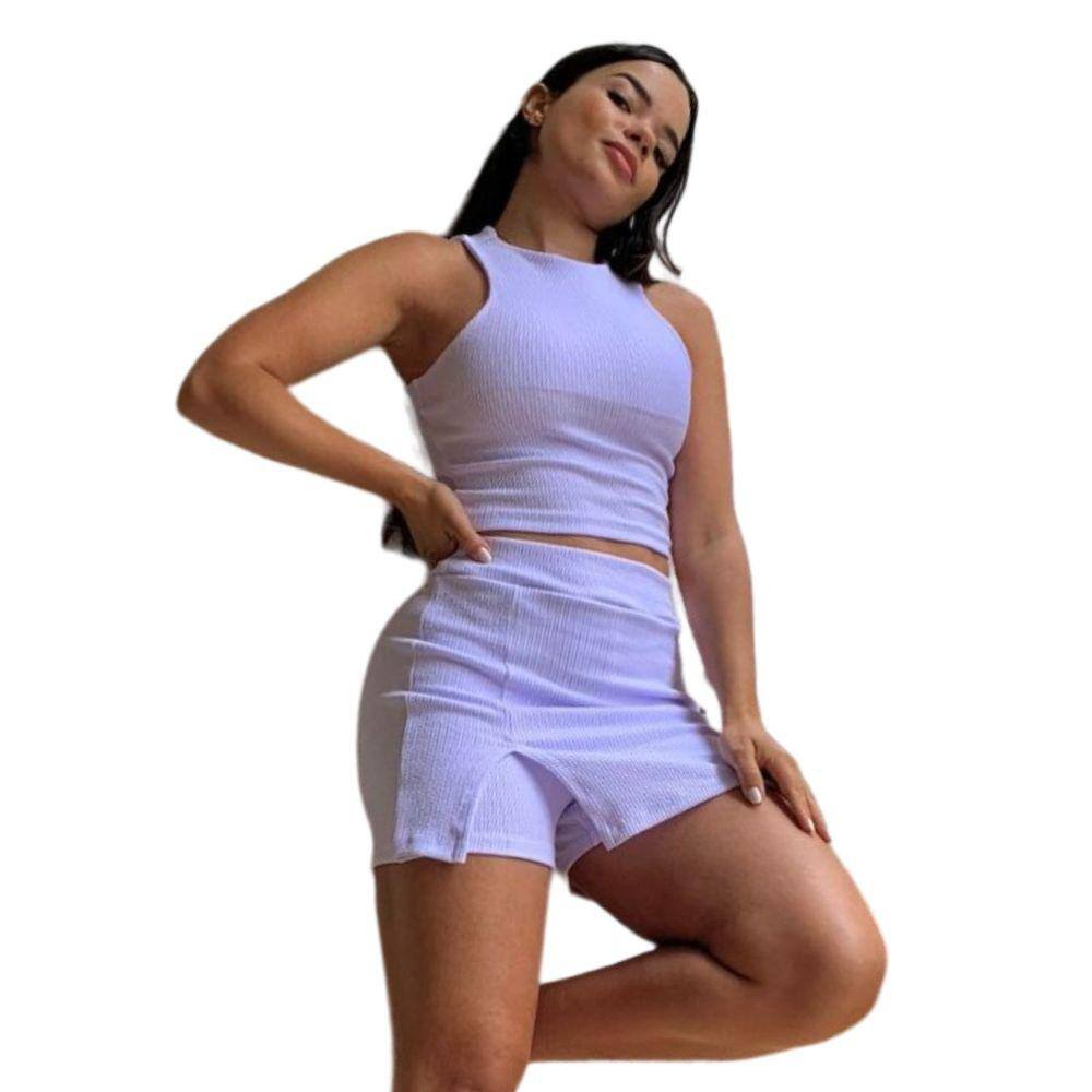 Conjunto Feminino Cropped Regatinha Sem Bojo com Short Saia