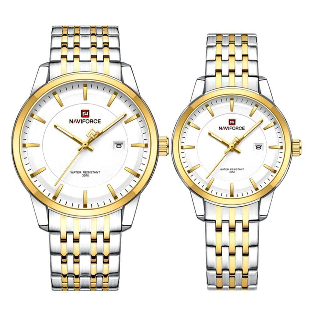 Conjunto Relógio De Quartzo Data Automática Em Aço Inoxidável Impermeavel Branco Dourado