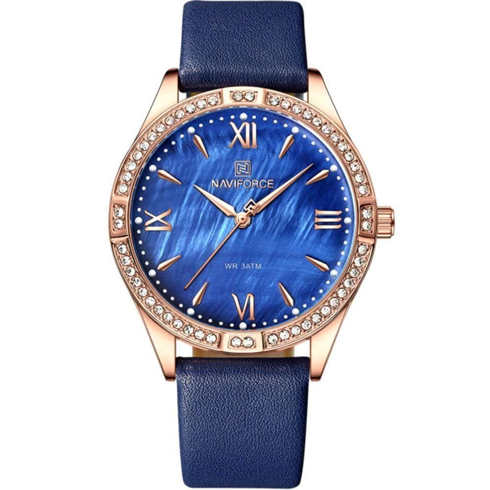 Relógio De Quartzo Feminino Estilo Casual Design Com Strass A Prova D´agua Azul Marinho