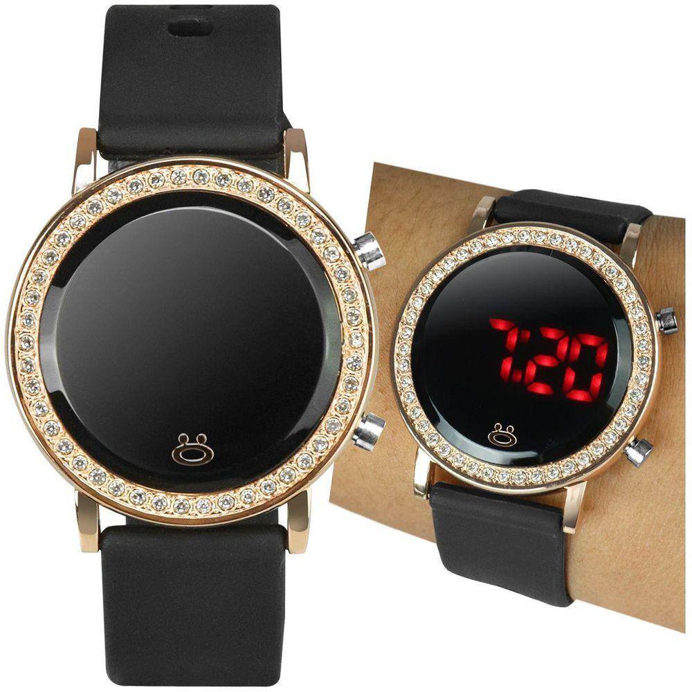 Relogio Feminino Digital Redondo + Led Strass Aço Inox