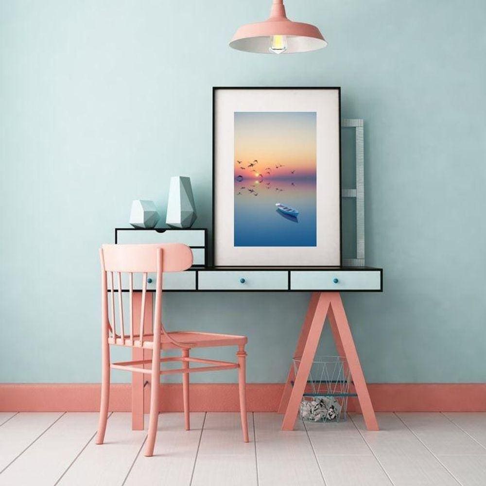 Quadro Praia Canoa Por Do Sol - 60X48Cm