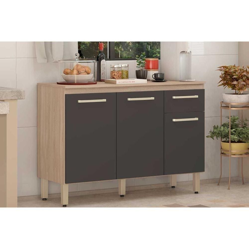 Balcão De Cozinha Dama 3 Portas E 1 Gaveta C- Tampo 120cm Avena-grafito - Demóbile