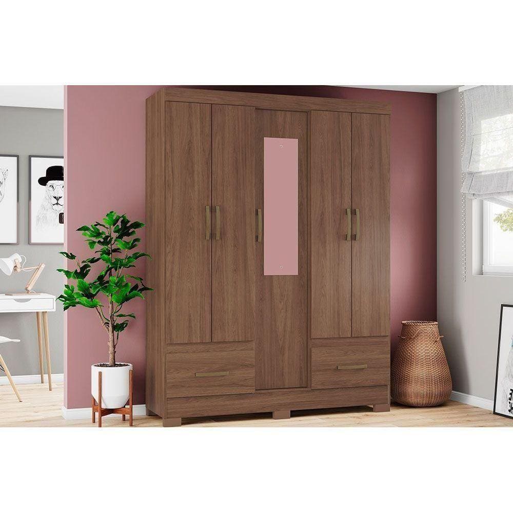 Guarda Roupa Solteiro 5 Portas E 2 Gavetas C- Espelho E Pés Briz B60 Castanho - Henn