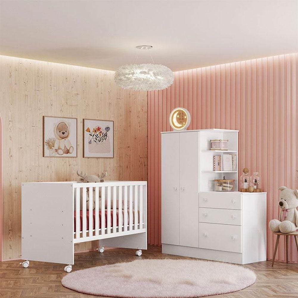 Berço Nacional 3540 e Guarda Roupa com Cômoda 4070 Ambiente Doce Sonho Branco Brilho - Qmovi