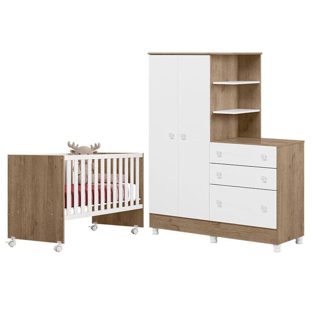 Berço Nacional 3540 e Guarda Roupa com Cômoda 4070 Doce Sonho Carvalho Rústico TOQ Branco com Pés - Qmovi