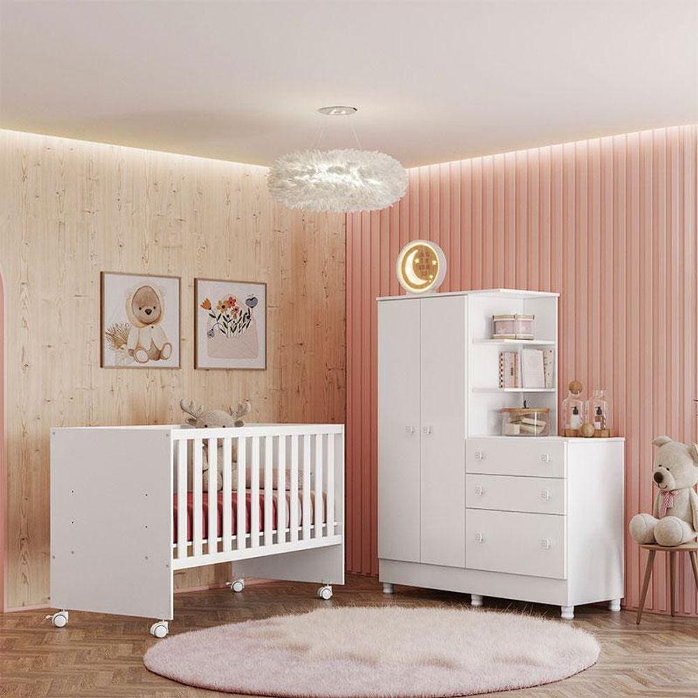 Berço Nacional 3540 e Guarda Roupa com Cômoda 4070 Ambiente Doce Sonho Branco Brilho com Pés - Qmovi
