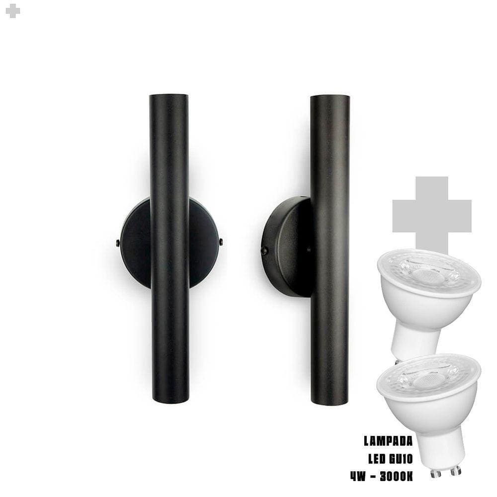 Kit 2 Arandela De Parede Slim Palito - Preto + Led Gu10
