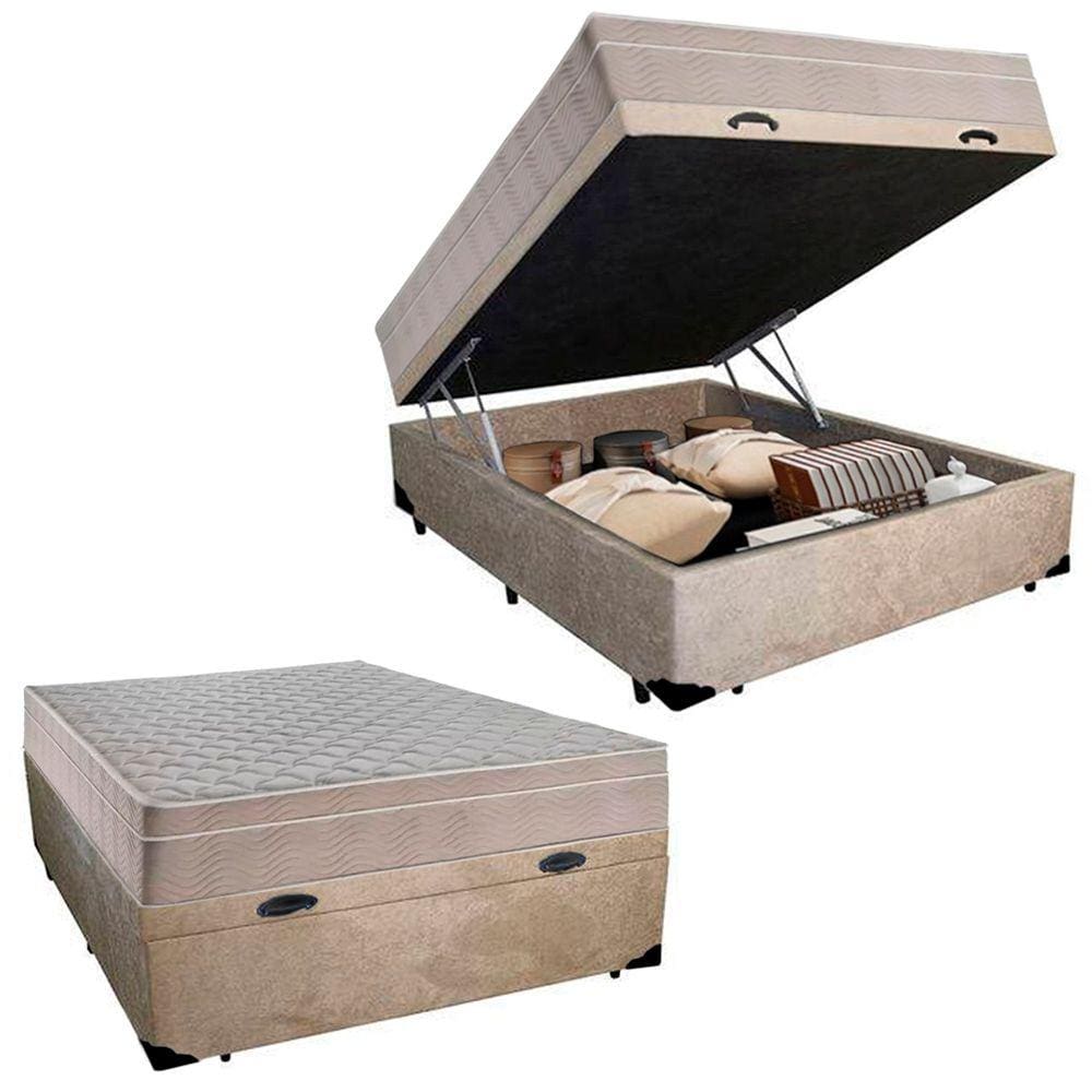 Cama Box Baú Casal Suede + Colchão SerenePrime Molas Ensacadas 138x188x69
