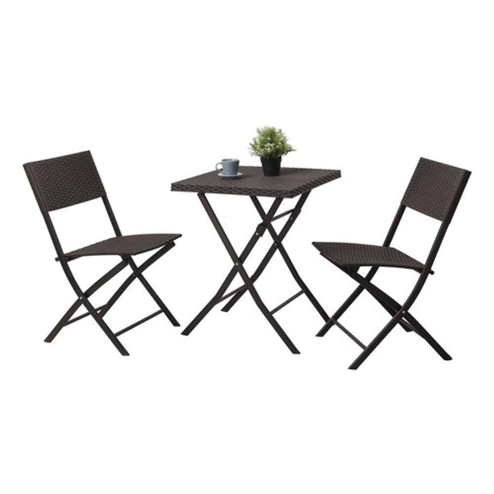 Conjunto Mesa E 2 Cadeiras Rattan Dobráveis Jardim Varanda