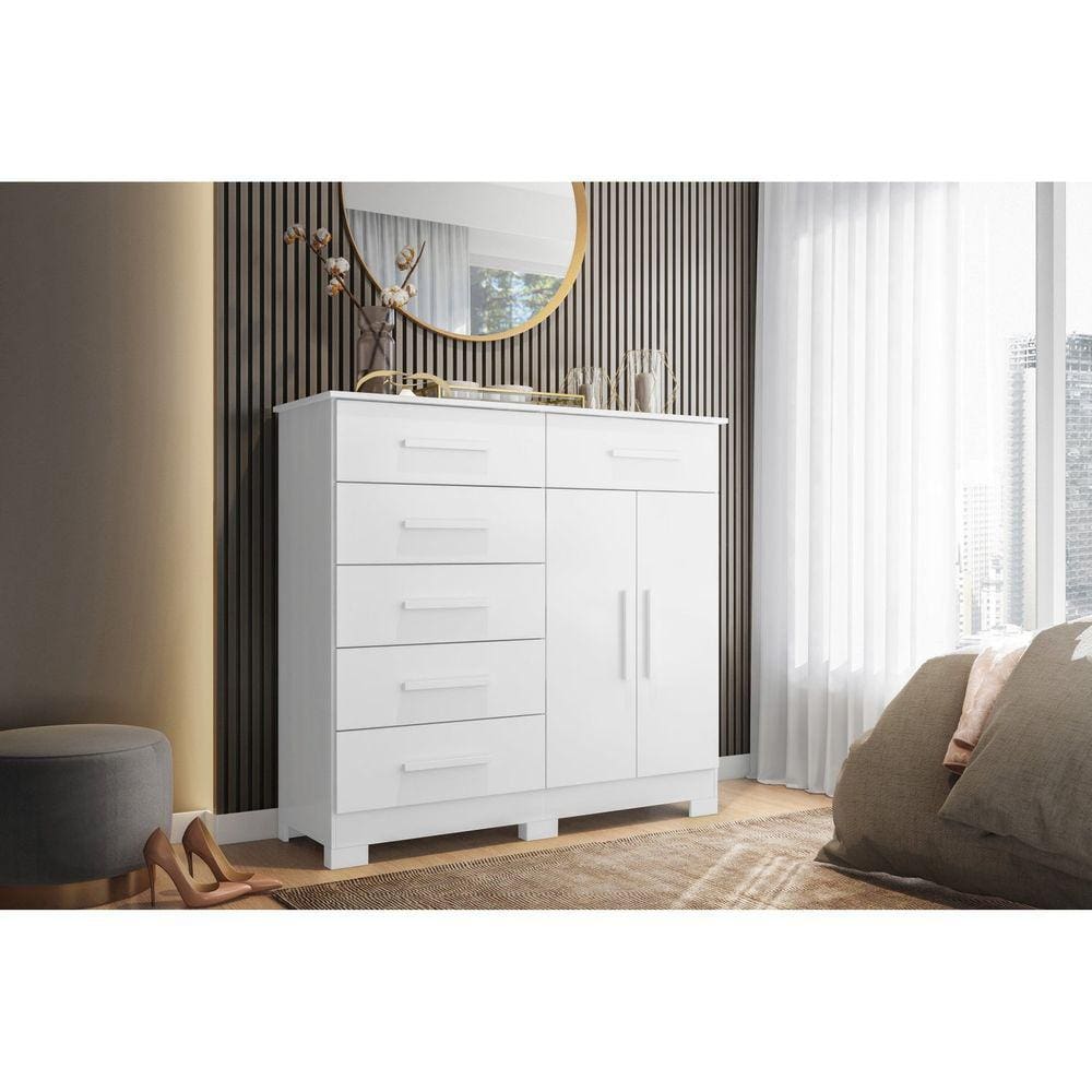 Cômoda 2 Portas 6 Gavetas em Mdp Xangai Branco