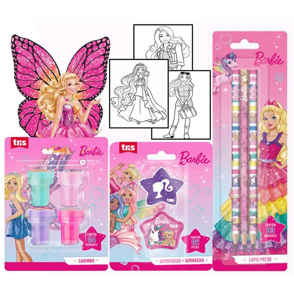 Kit Material Escolar Barbie Livrinho de Colorir Lápis Preto Hb Carimbo Apontador Com Depósito + Borracha Tris