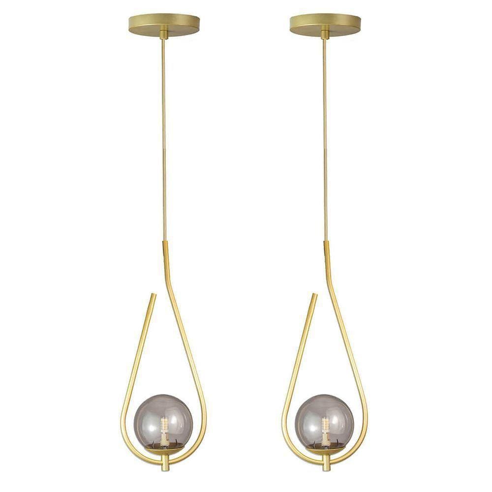 Kit 2 Pendentes Lustres On Drop Dourado Globo De Vidro Fume