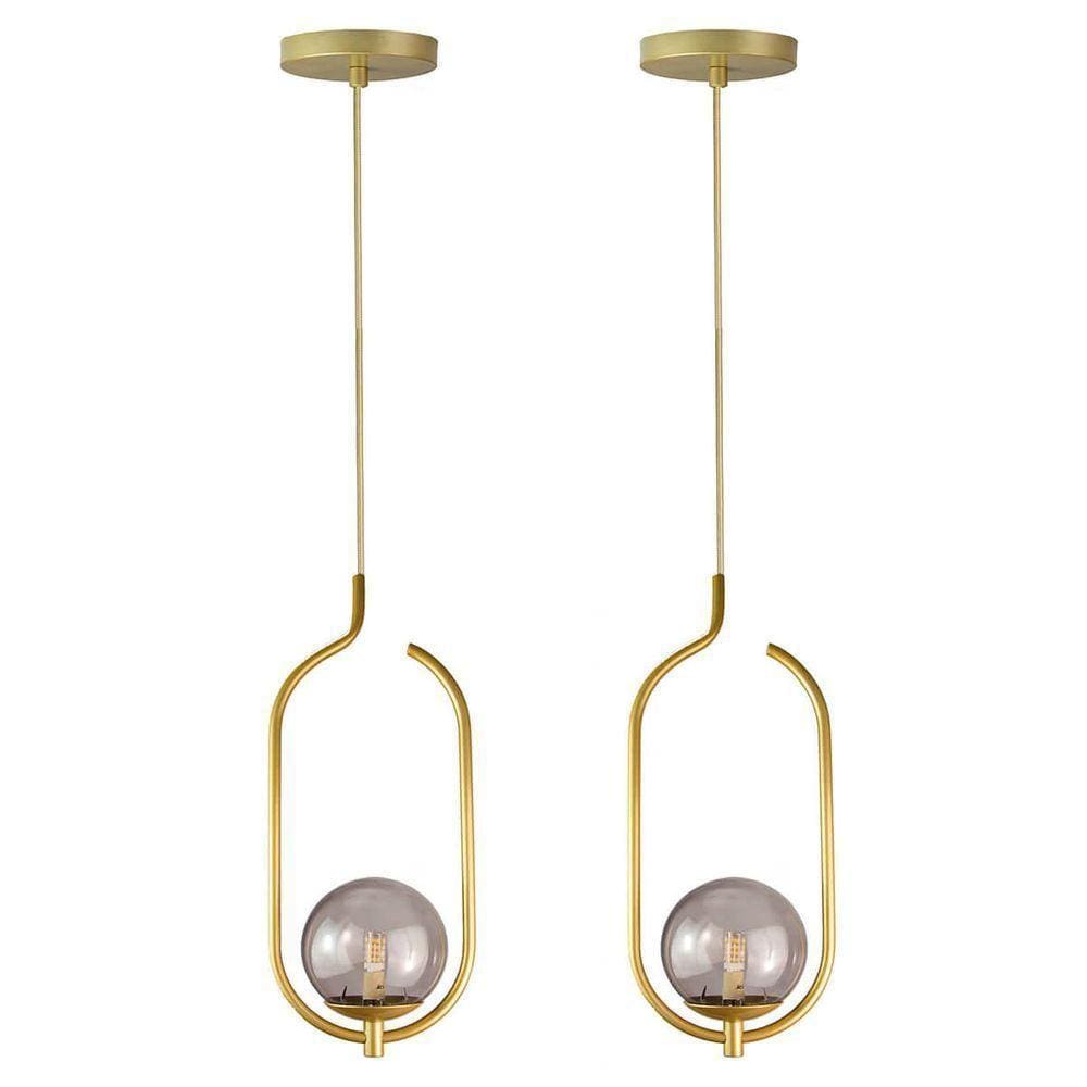 Kit 2 Pendentes Lustres On Clip Dourado Globo De Vidro Fume
