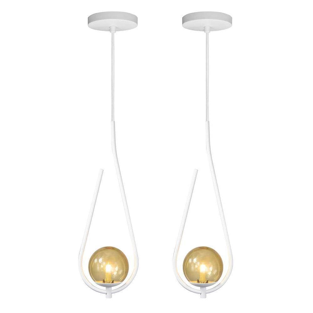 Kit 2 Pendentes Lustre On Drop Branco Globo De Vidro âmbar