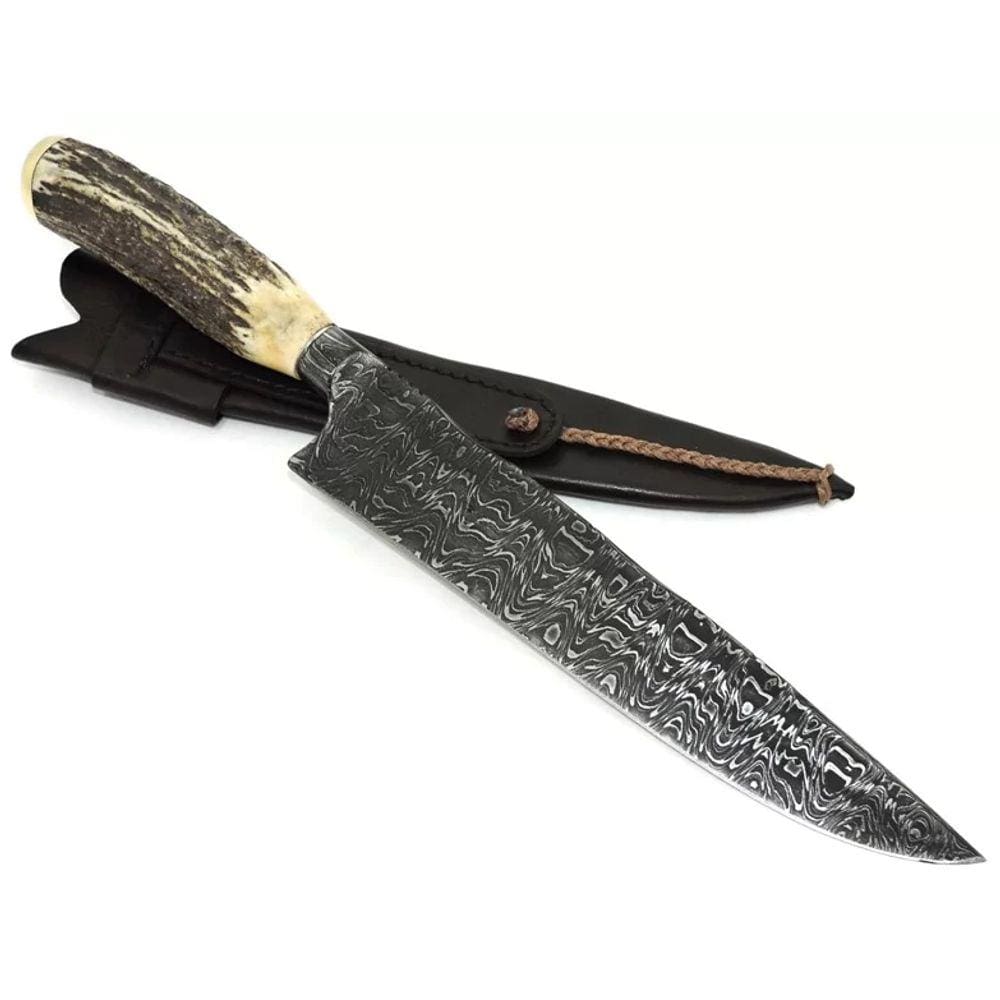 Faca Aço Damasco Cabo Chifre Cervo c/ Bainha Lâm. - 23 cm.