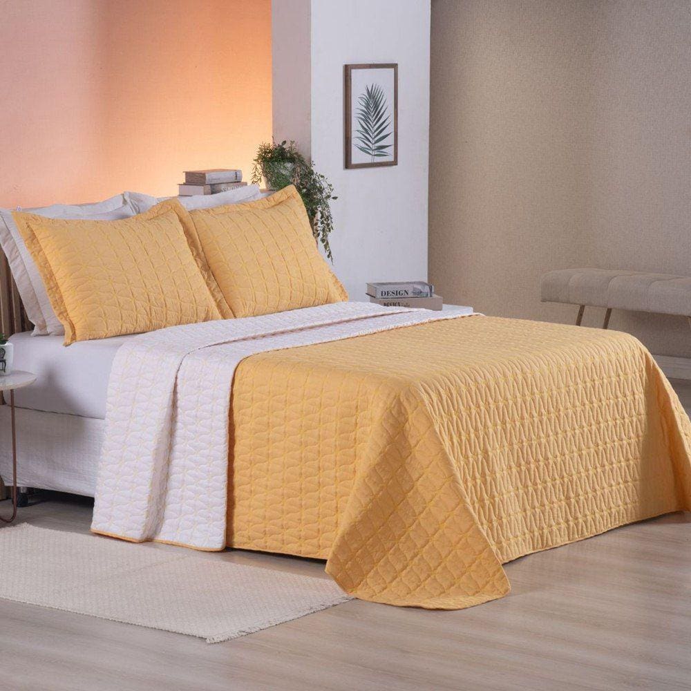 Cobre Leito Casal Padrão Cristal Percal 200 Fios Bordado 3 Peças - Amarelo