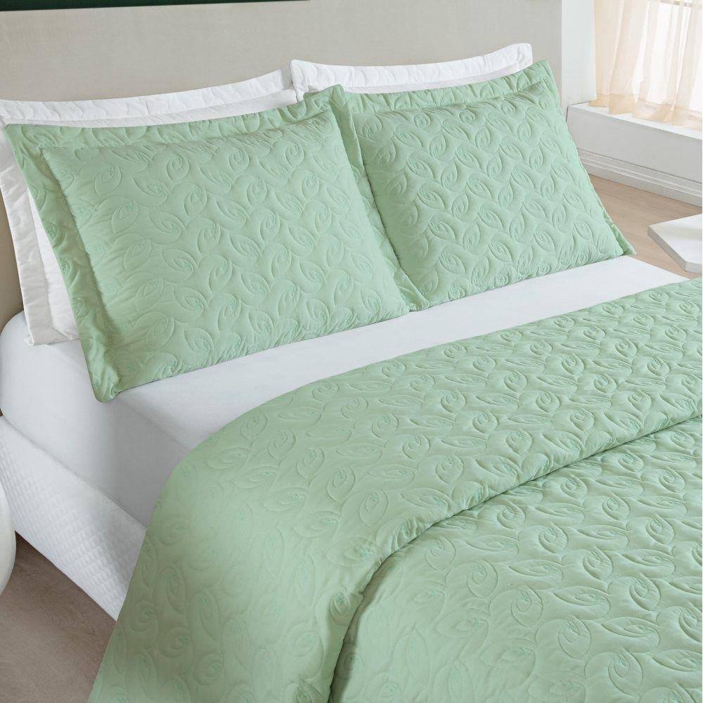 Cobre Leito Queen Agata Bordado Micropercal 200 Fios 3 Peças - Verde