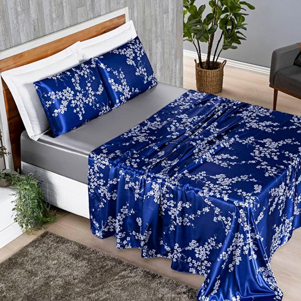 Jogo de Lençol Queen Alya Cetim Estampado 4 Peças - Azul Egipcio