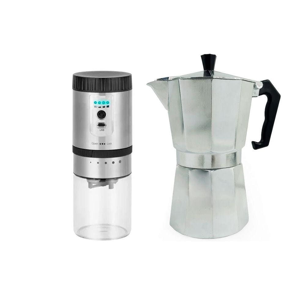 Kit Cafeteira Italiana de Alumínio de 9 Xícaras 450ML e Moedor de Grãos de Café Elétrico Carregamento USB