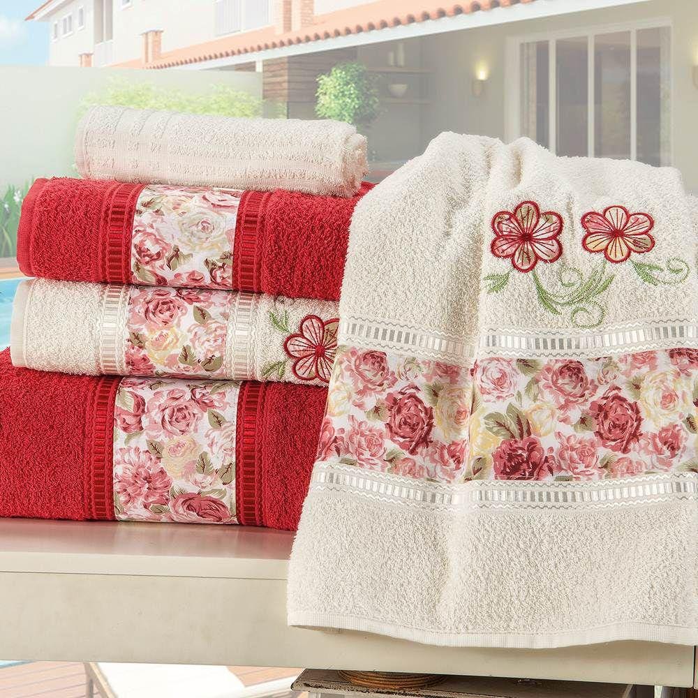 Jogo de Banho Passione Bordado Algodão 5 Peças - Vermelho/Palha