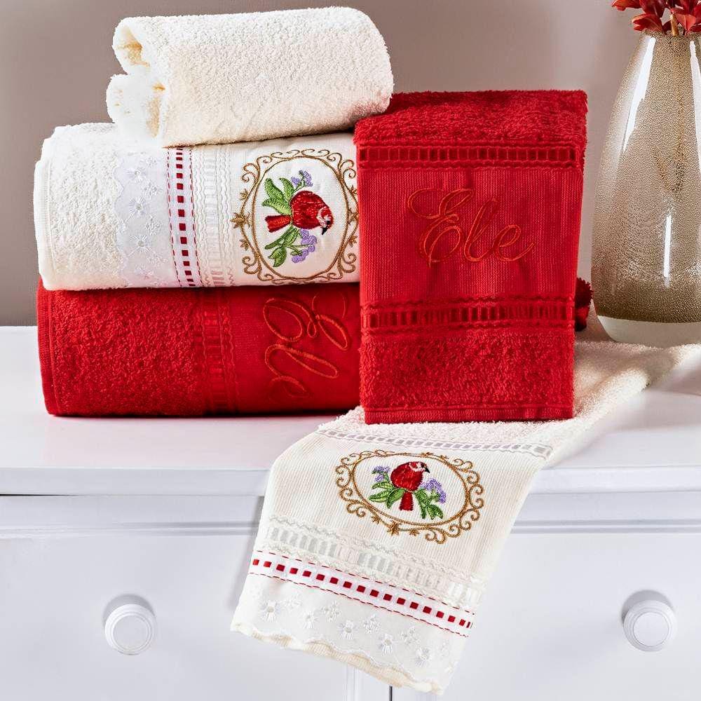 Jogo de Banho Bordado Ponto Russo Algodão 5 Peças - Vermelho/Palha