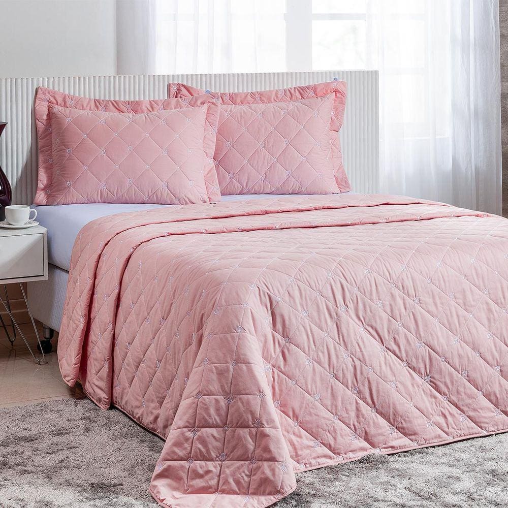 Cobre Leito King Cecile Percal 200 Fios Bordado 3 Peças - Rosa