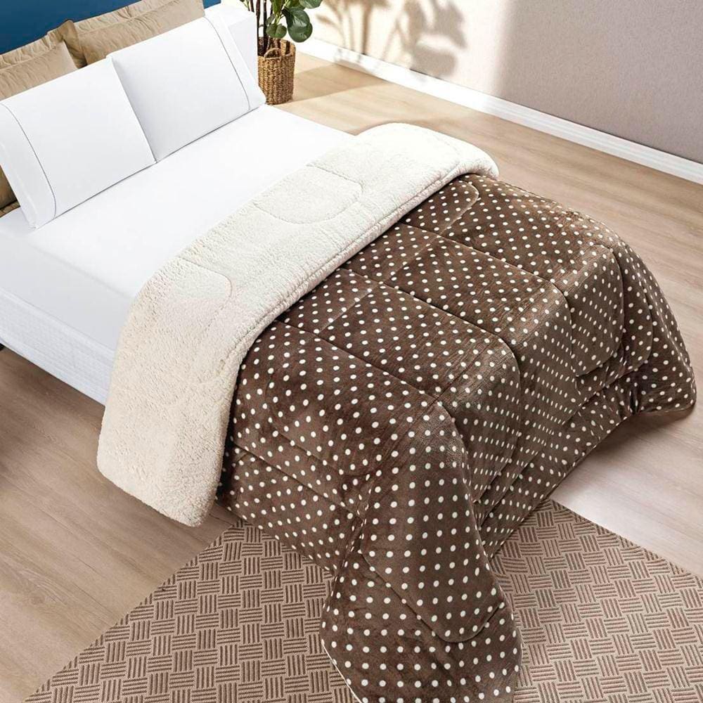 Edredom Casal Padrão Coberdrom Sherpa/Mantinha Petit Poa 1 Peça - Caqui