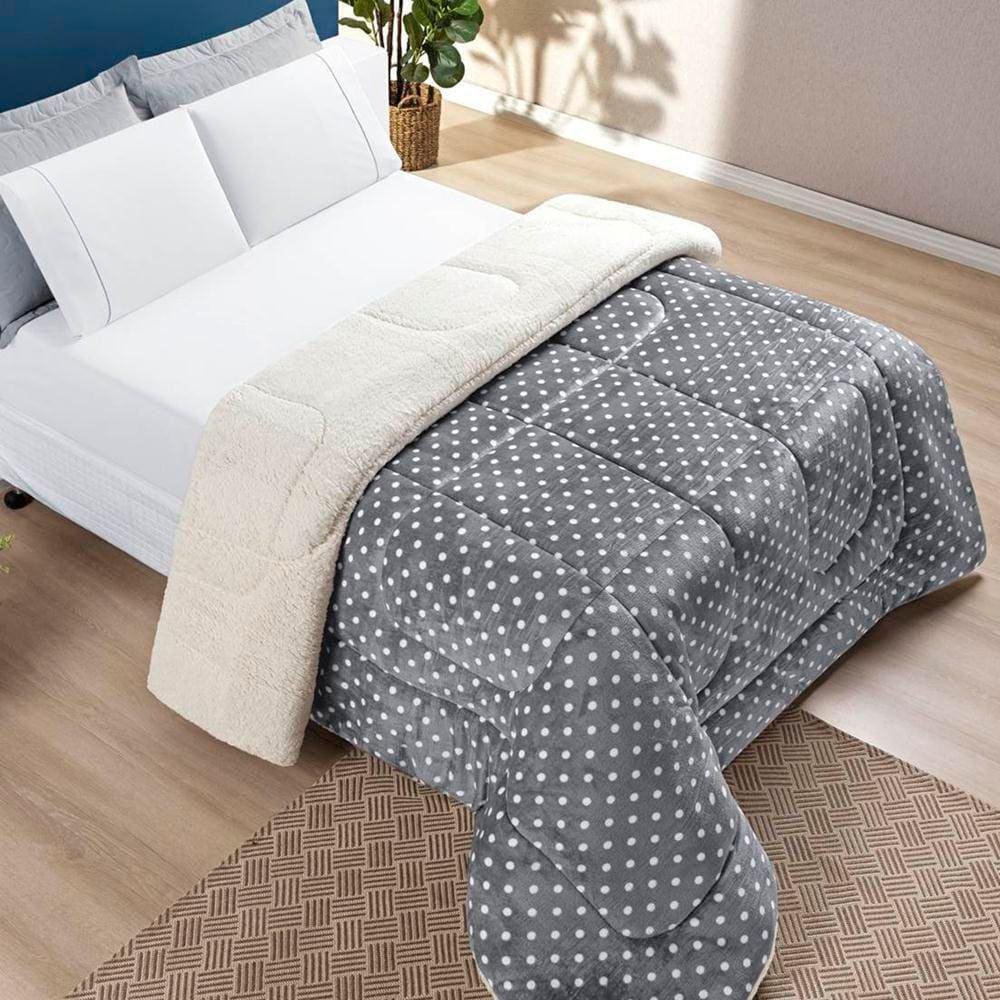 Edredom Casal Padrão Coberdrom Sherpa/Mantinha Petit Poa 1 Peça - Cinza