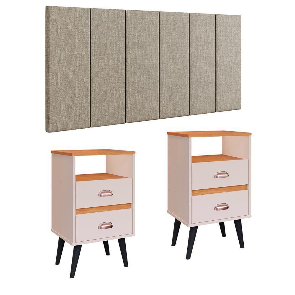 Cabeceira Modular Painel Cama Box Casal Queen 1,60 Júlia Bege Linho Jogo Quarto 2 Mesinhas Gavetas Multiuso Vintage Classic New Off/Cinamomo - RPM