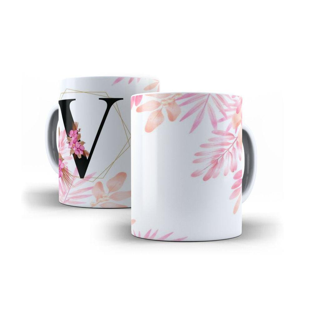 Caneca Personalizada Presente Floral Letra V